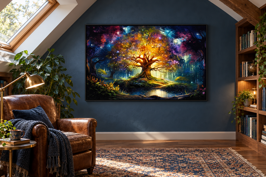 Tree of Knowledge colorful framed canvas wall art in a cozy attic library with a leather chair.