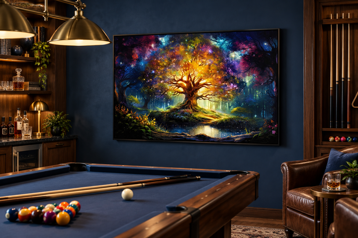 Tree of Knowledge colorful framed canvas wall art in a dark blue billiard room.