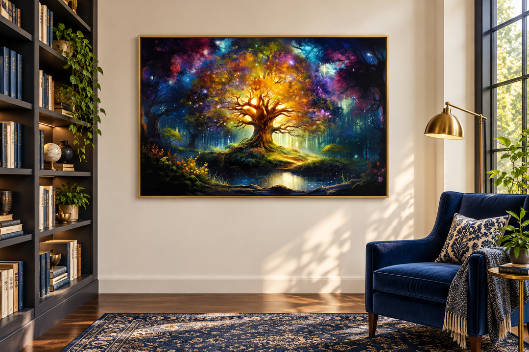 Vibrant Tree of Knowledge framed canvas wall art in a gold frame above a blue armchair in a library.