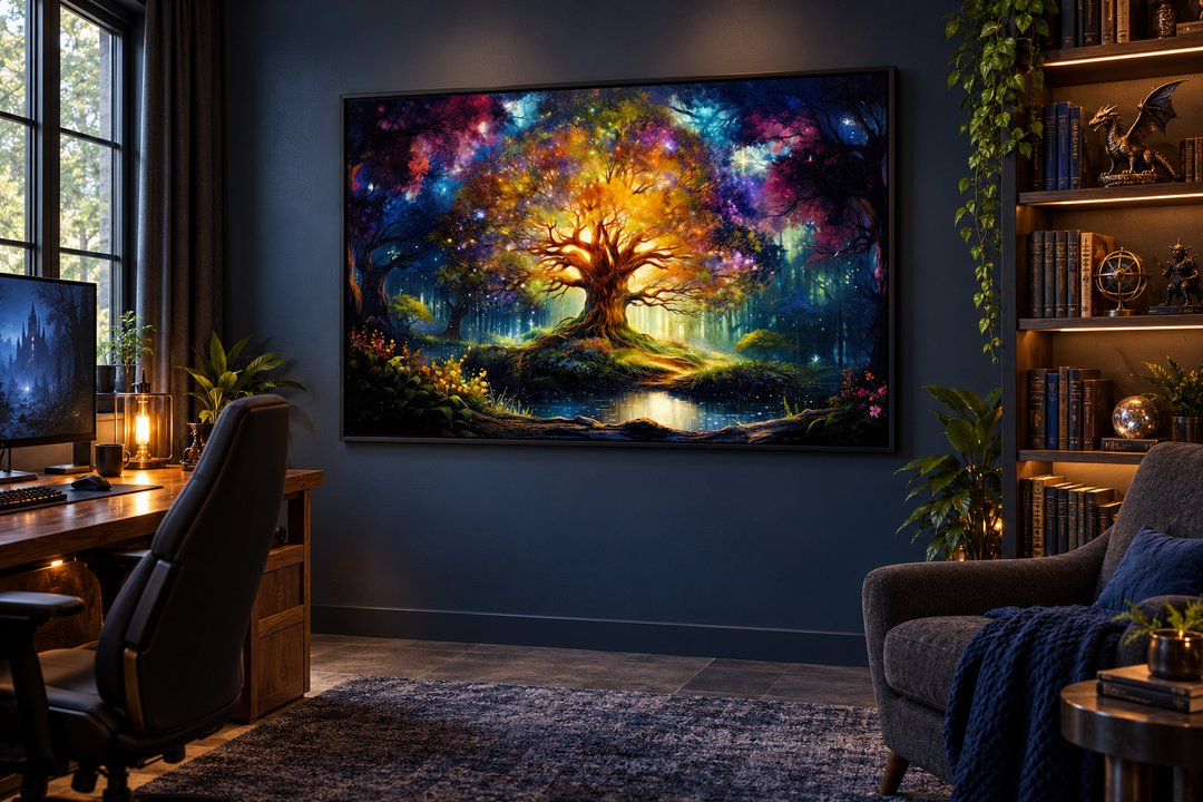 Tree of Knowledge colorful framed canvas wall art in a dark, modern home office setting.