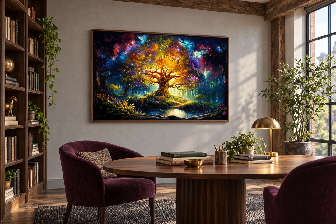 Tree of Knowledge colorful framed canvas wall art hanging in a library above a wooden table.