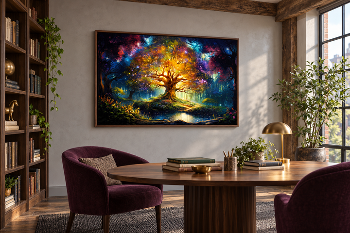 Tree of Knowledge colorful framed canvas wall art hanging in a library above a wooden table.