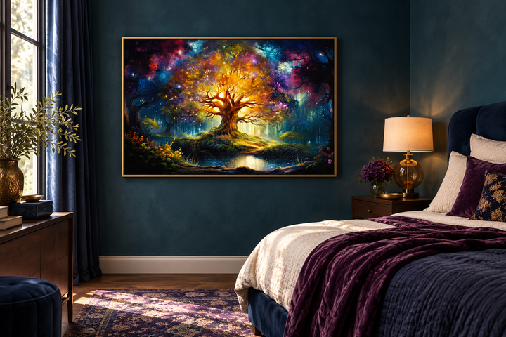 Tree of Knowledge colorful framed canvas wall art hanging in a dark blue bedroom above a bed.