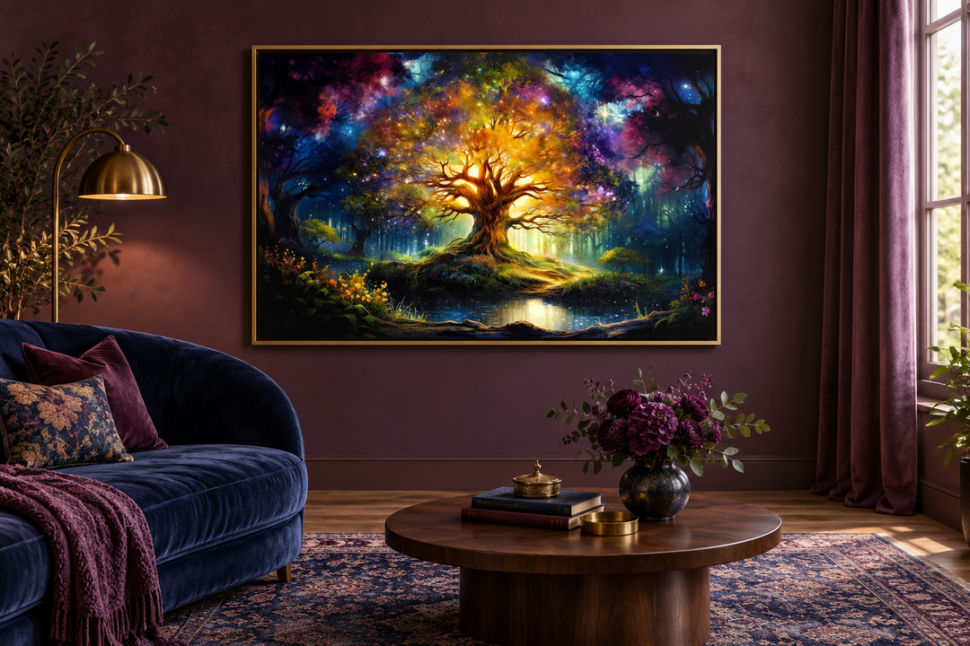 Tree of Knowledge colorful framed canvas wall art in a gold frame above a blue velvet sofa.