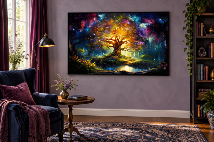 Tree of Knowledge colorful framed canvas wall art in a vibrant library setting.