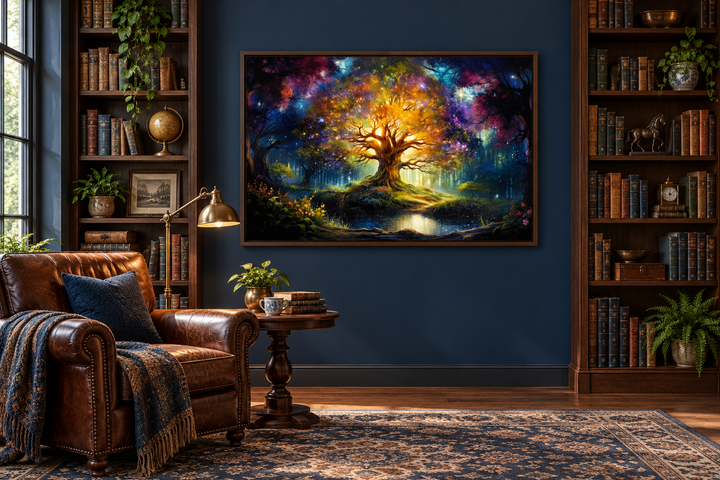 Colorful Tree of Knowledge framed canvas wall art in a dark blue library with leather armchair.