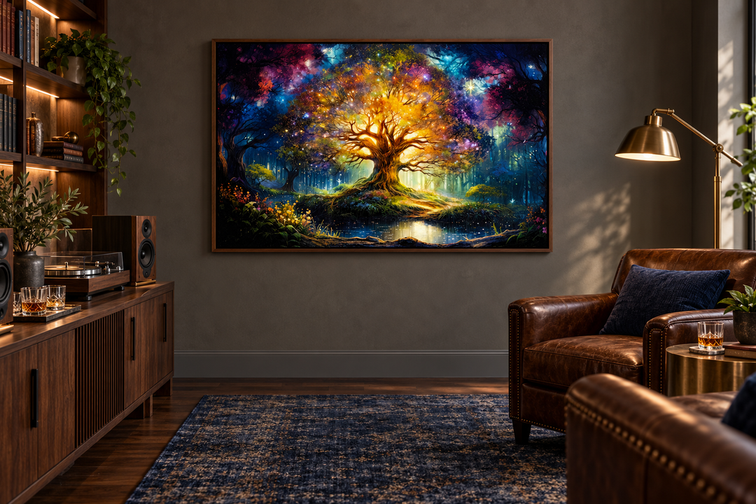 Vibrant Tree of Knowledge framed canvas wall art in a dark, cozy library with leather armchairs.