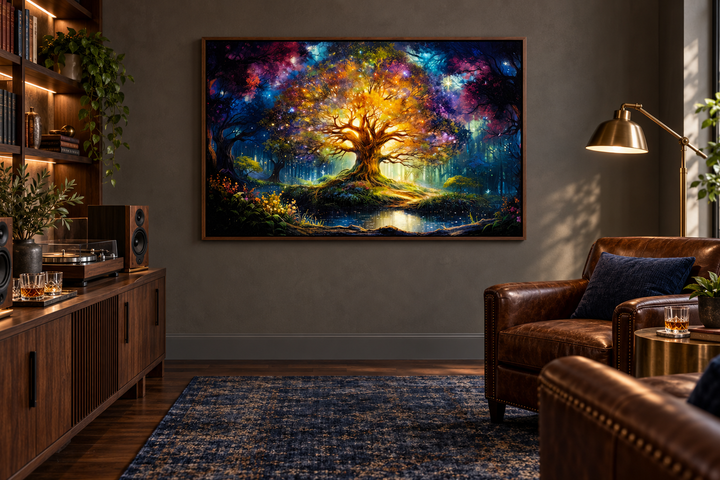 Vibrant Tree of Knowledge framed canvas wall art in a dark, cozy library with leather armchairs.