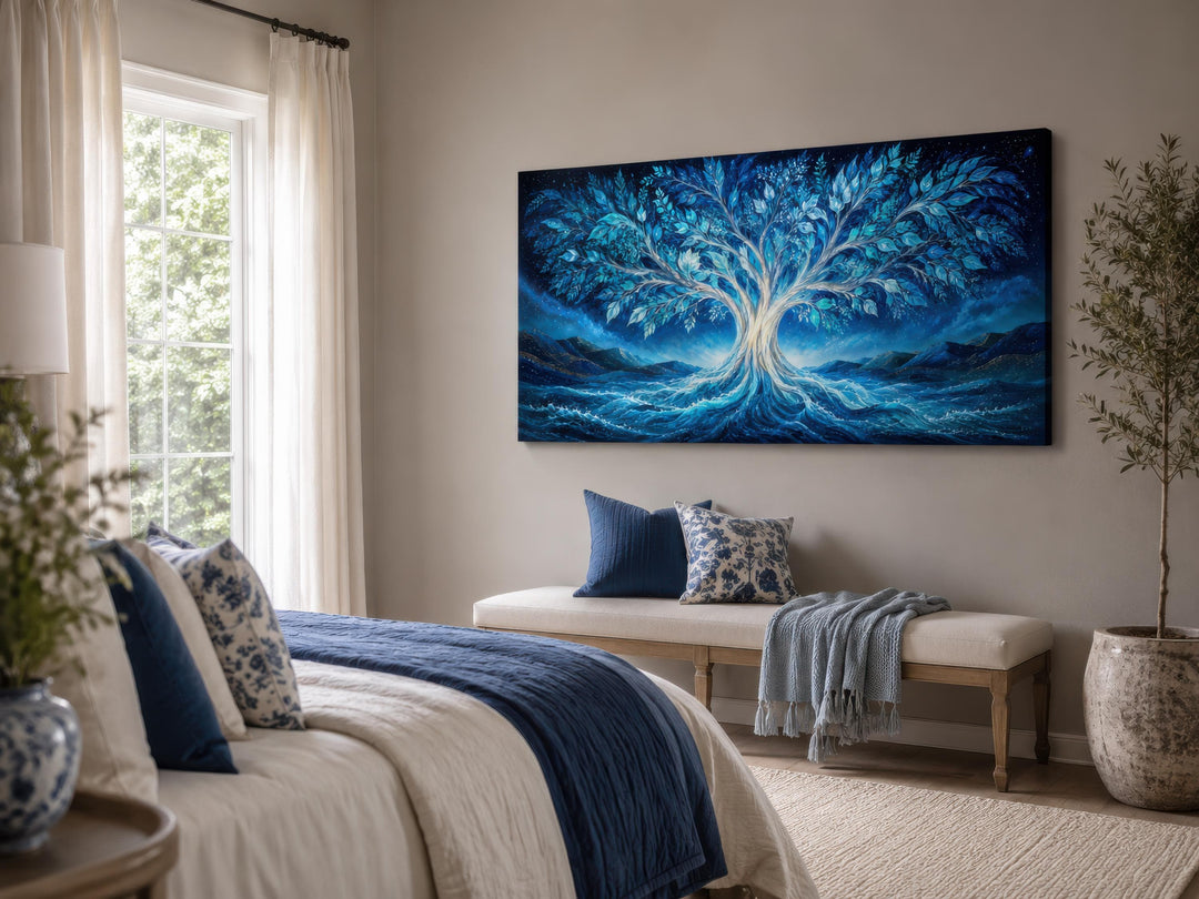 Mystical Tree of Life canvas wall art in electric blue and teal above a bench in a bedroom.