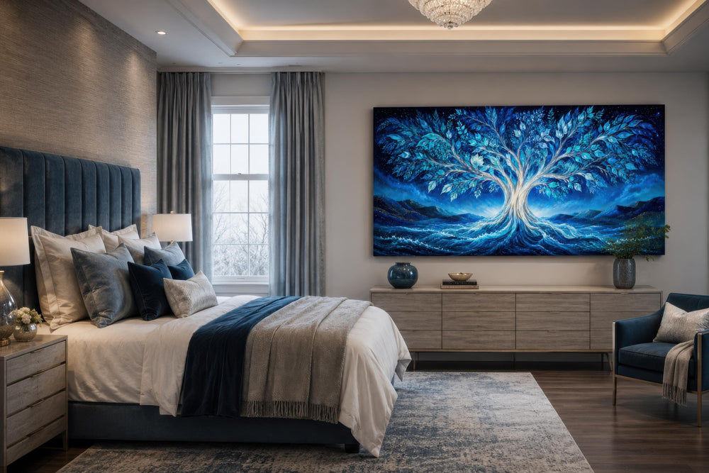 Large Tree of Life canvas wall art in electric blue and teal above a dresser in a modern bedroom.