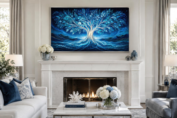 Mystical Tree of Life canvas wall art in electric blue and teal above a white marble fireplace.