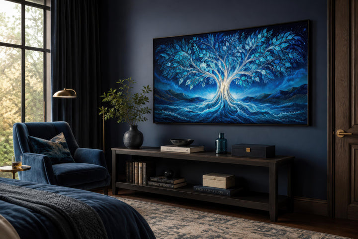 Mystical Tree of Life canvas wall art in electric blue and teal glowing against a dark night sky.