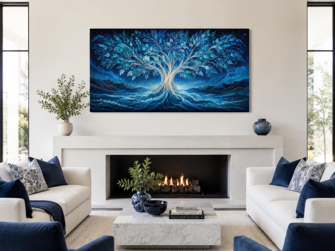 Large horizontal canvas of a glowing blue Tree of Life above a modern white fireplace.