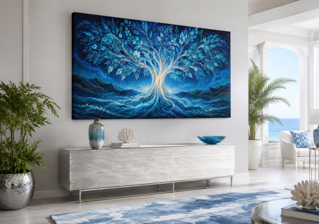 Large horizontal canvas of a glowing blue Tree of Life over ocean waves in a modern living room.