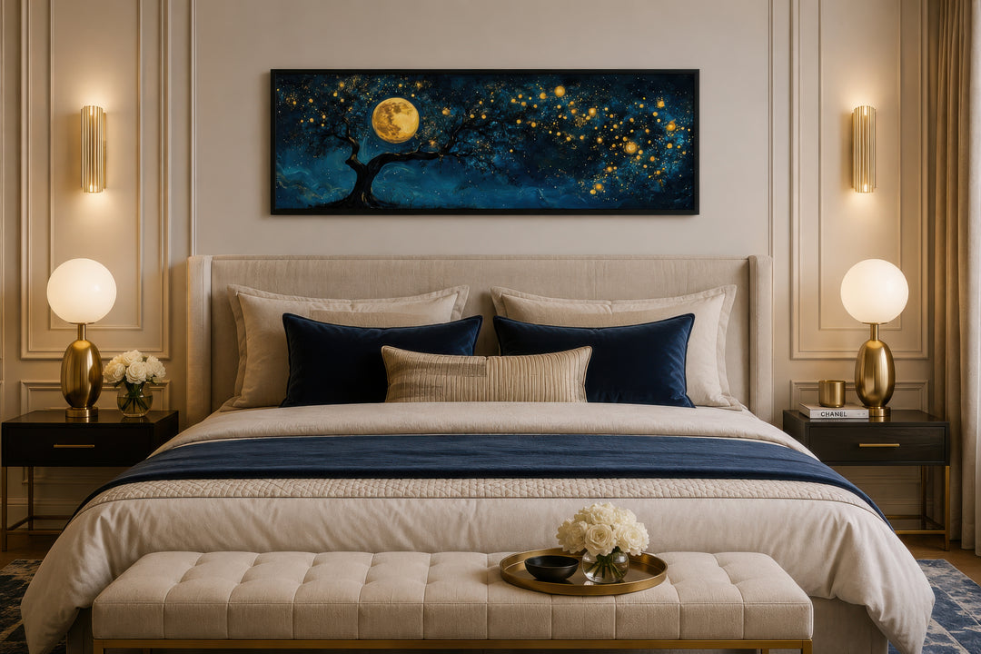 Tree And Moon Navy Blue and Gold Horizontal Above Bed Or Couch Wall Art