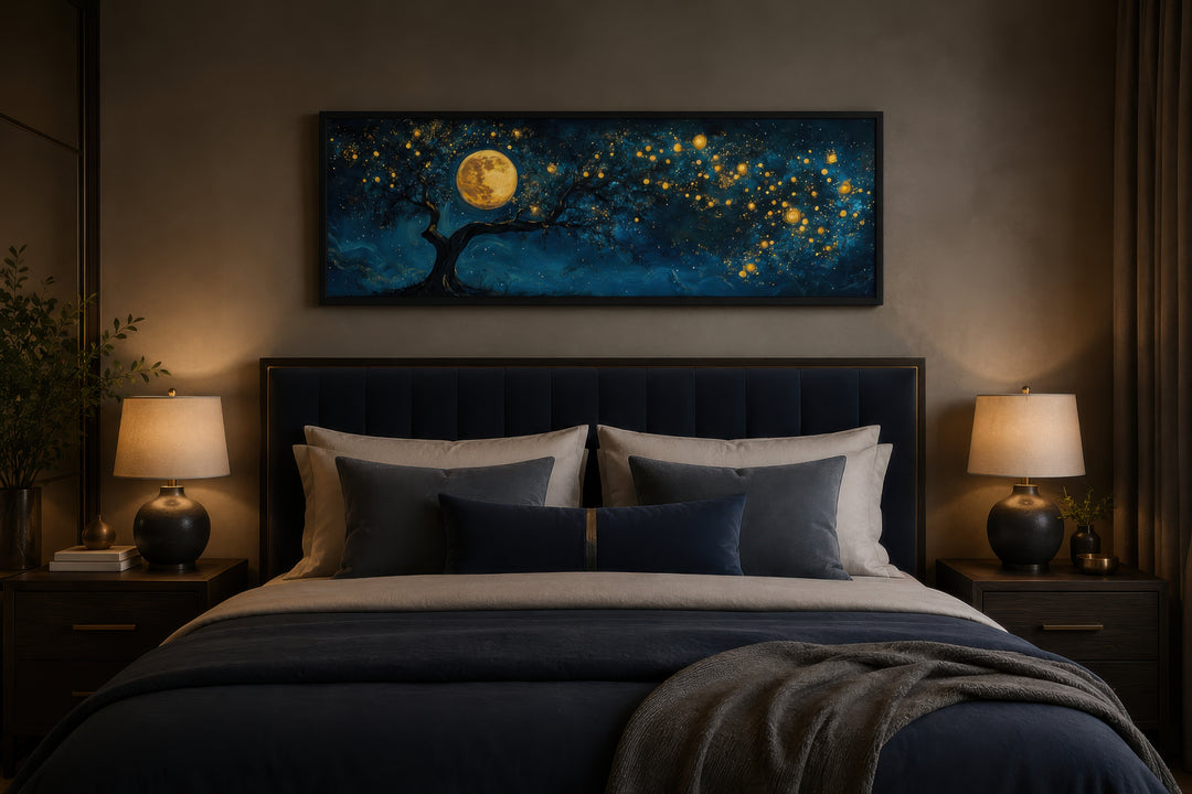 Tree And Moon Navy Blue and Gold Horizontal Above Bed Or Couch Wall Art