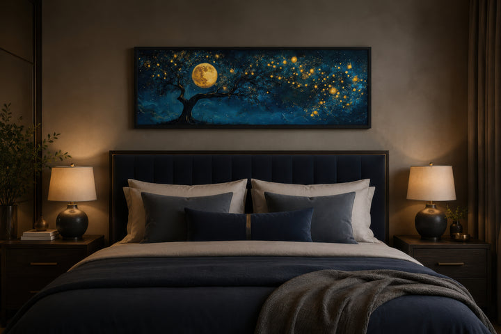Tree And Moon Navy Blue and Gold Horizontal Above Bed Or Couch Wall Art