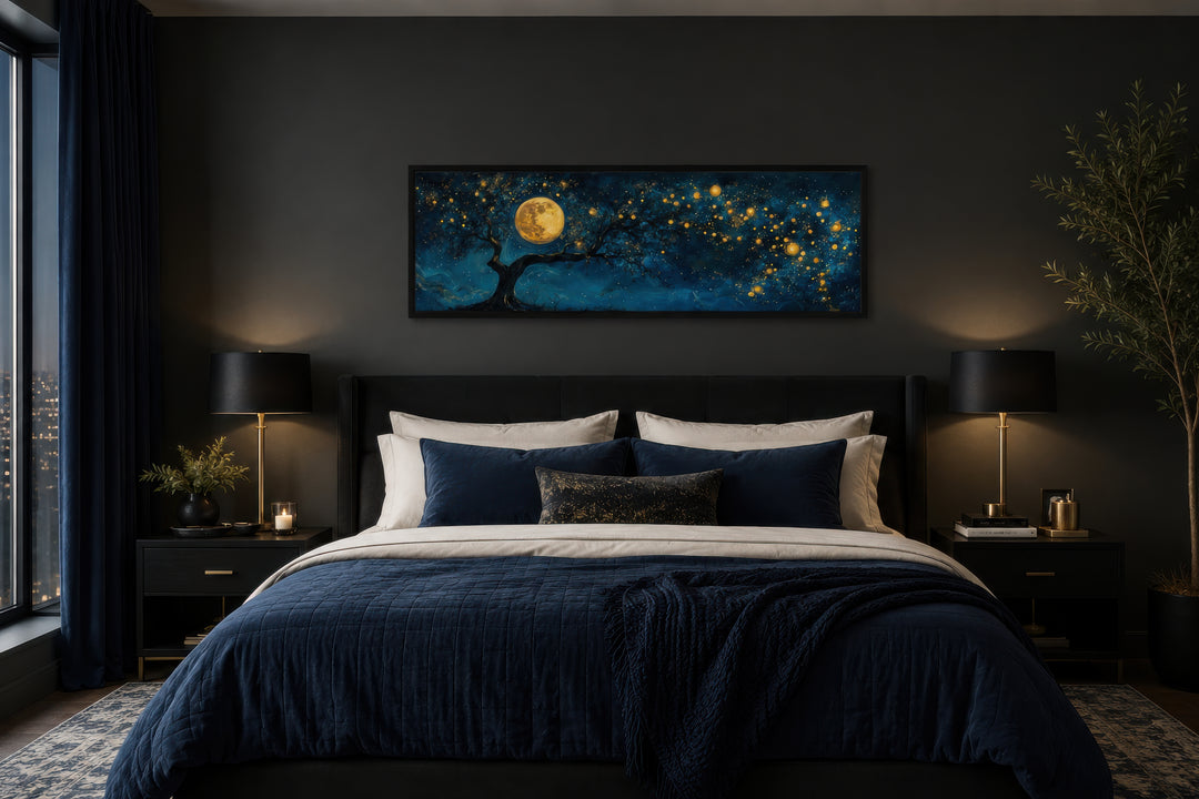 Tree And Moon Navy Blue and Gold Horizontal Above Bed Or Couch Wall Art