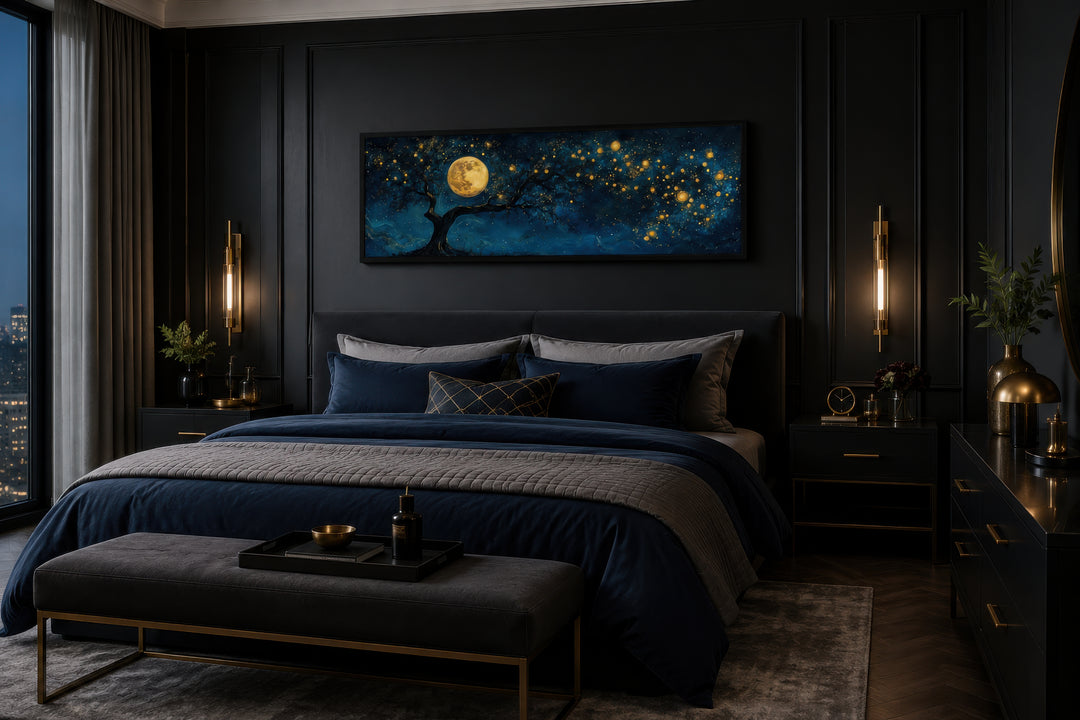 Tree And Moon Navy Blue and Gold Horizontal Above Bed Or Couch Wall Art