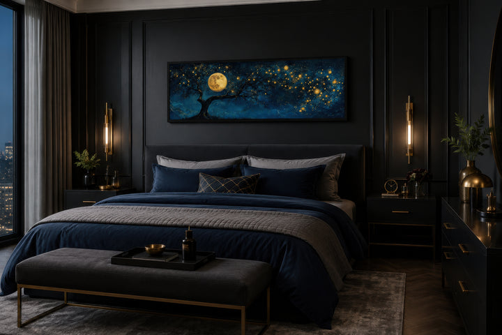 Tree And Moon Navy Blue and Gold Horizontal Above Bed Or Couch Wall Art