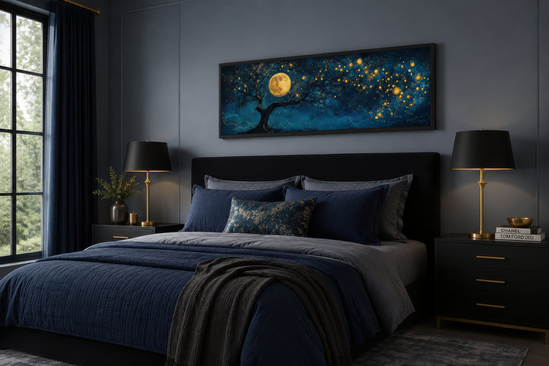 Tree And Moon Navy Blue and Gold Horizontal Above Bed Or Couch Wall Art