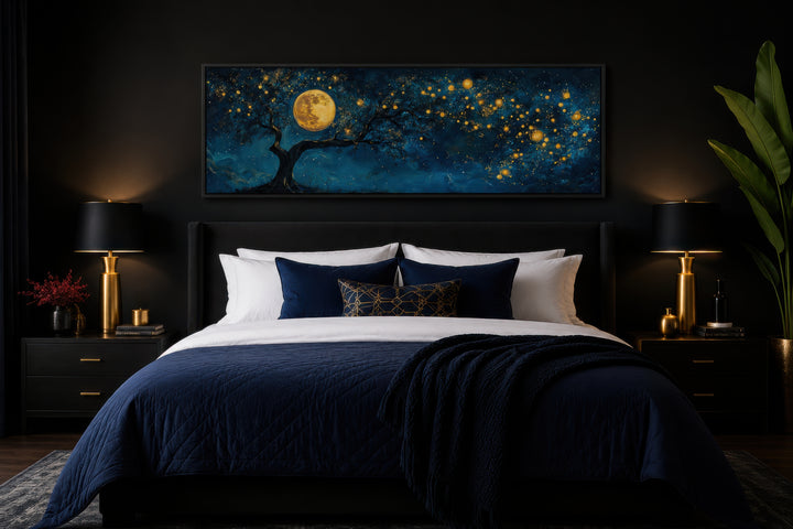 Tree And Moon Navy Blue and Gold Horizontal Above Bed Or Couch Wall Art