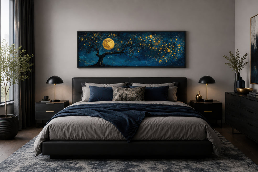 Tree And Moon Navy Blue and Gold Horizontal Above Bed Or Couch Wall Art