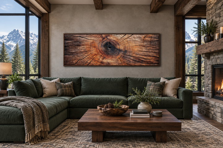 Long horizontal tree ring canvas wall art above a green sofa in a rustic living room with mountain views.