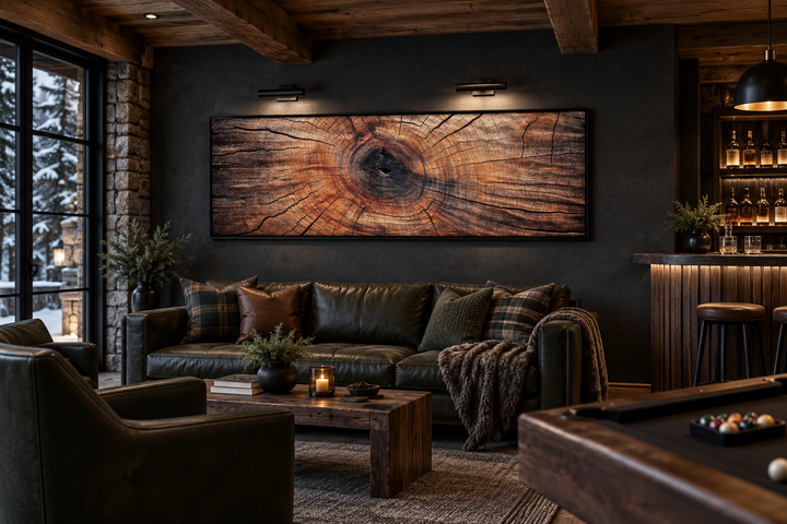 Long horizontal canvas wall art featuring a detailed rustic tree ring texture over a leather sofa.