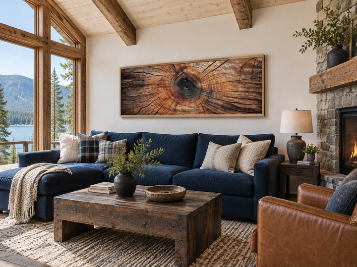 Long horizontal canvas wall art featuring a rustic wood texture tree ring print above a blue sofa.