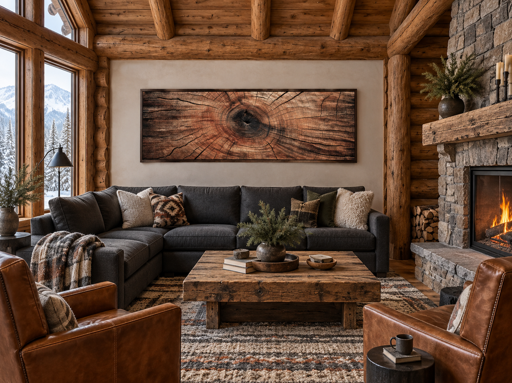 Long horizontal rustic tree ring canvas wall art hanging above a dark grey sectional sofa.