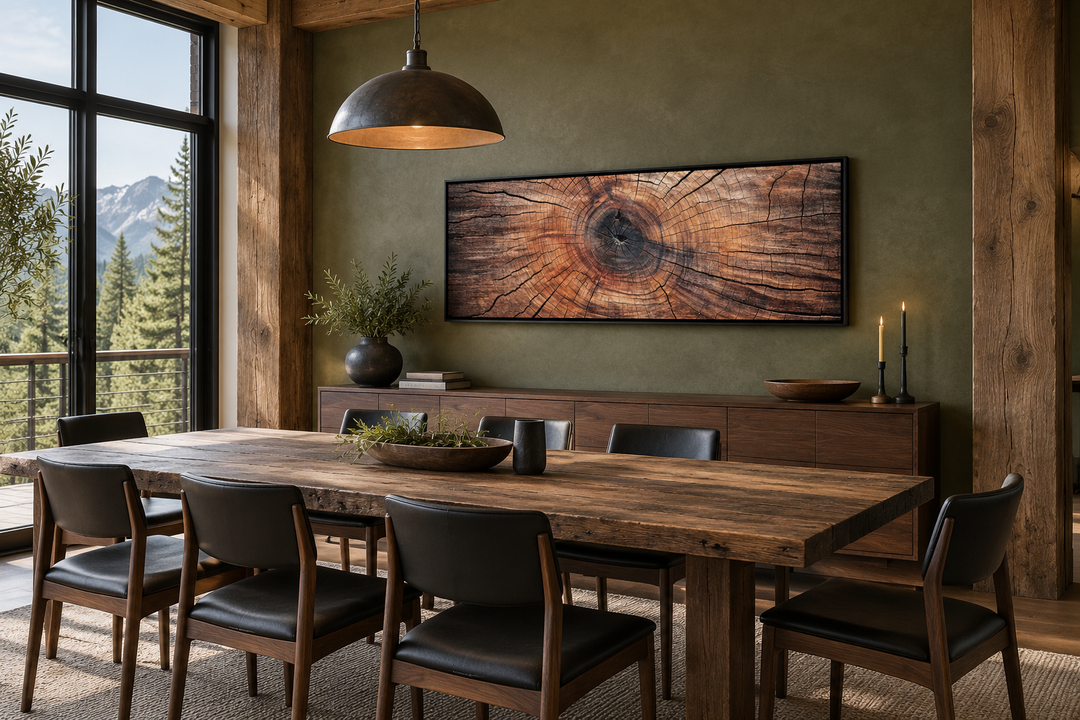 Long horizontal rustic wood texture tree ring canvas wall art in a modern dining room setting.