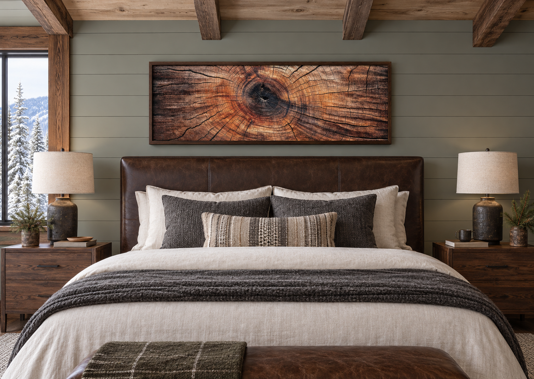 Long horizontal rustic tree ring canvas wall art hanging above a bed in a cozy cabin bedroom.