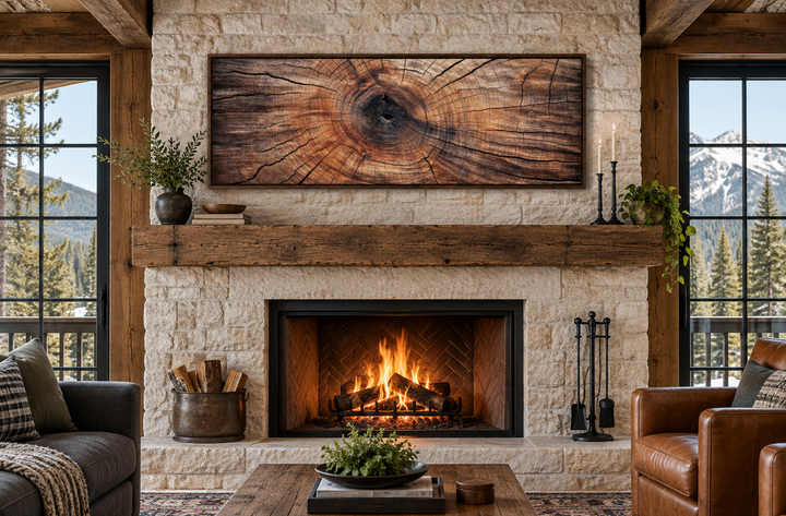 Long horizontal rustic wood texture tree ring canvas wall art hanging above a stone fireplace.