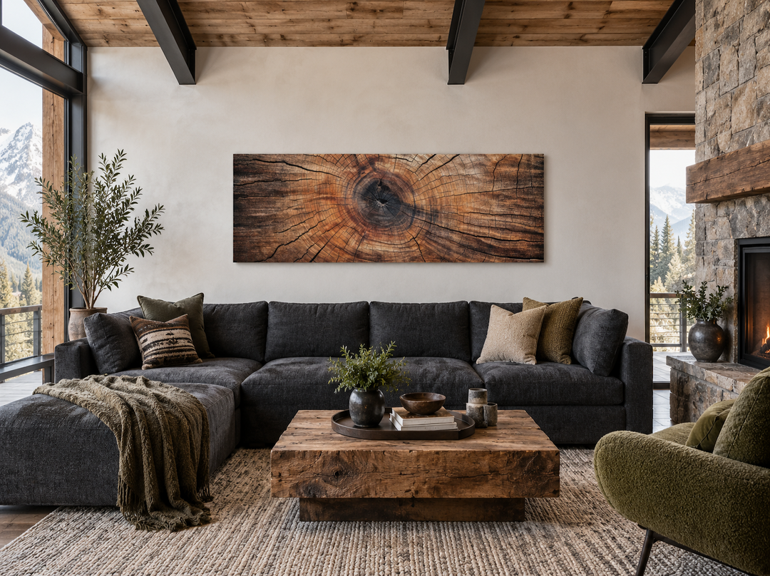 Long horizontal canvas wall art featuring a detailed rustic tree ring texture over a dark sofa.