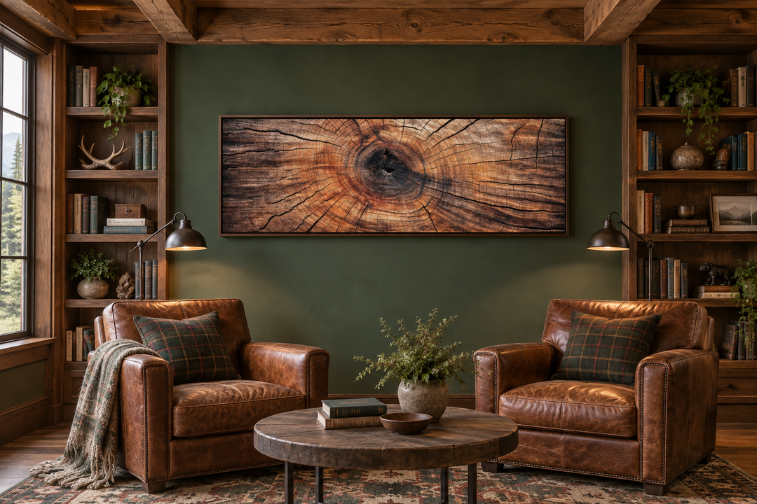Long horizontal rustic wood texture tree ring canvas wall art centered in a cozy library setting.