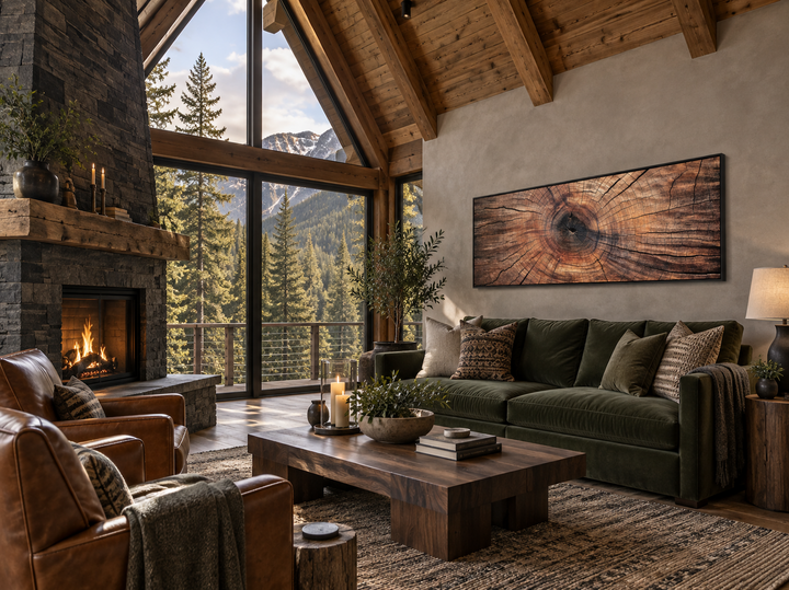 Long horizontal tree ring canvas wall art in a rustic living room with a stone fireplace.