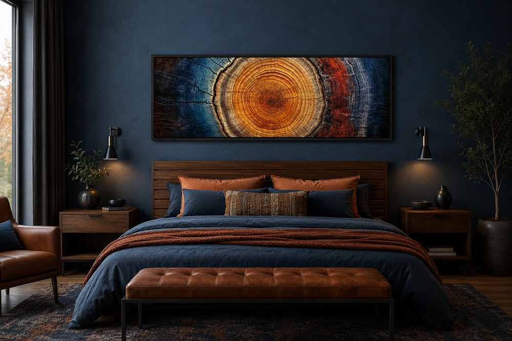 Tree ring long horizontal canvas wall art in a dark blue bedroom above a wooden headboard.