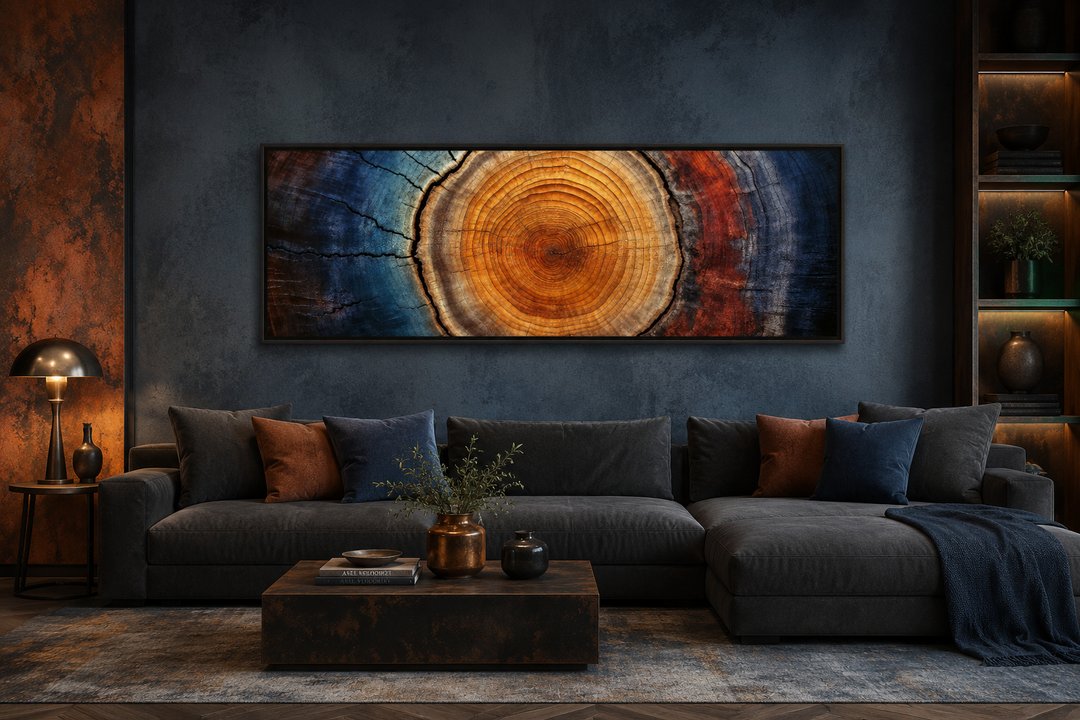 Long horizontal canvas wall art featuring a colorful abstract tree ring design above a dark couch.