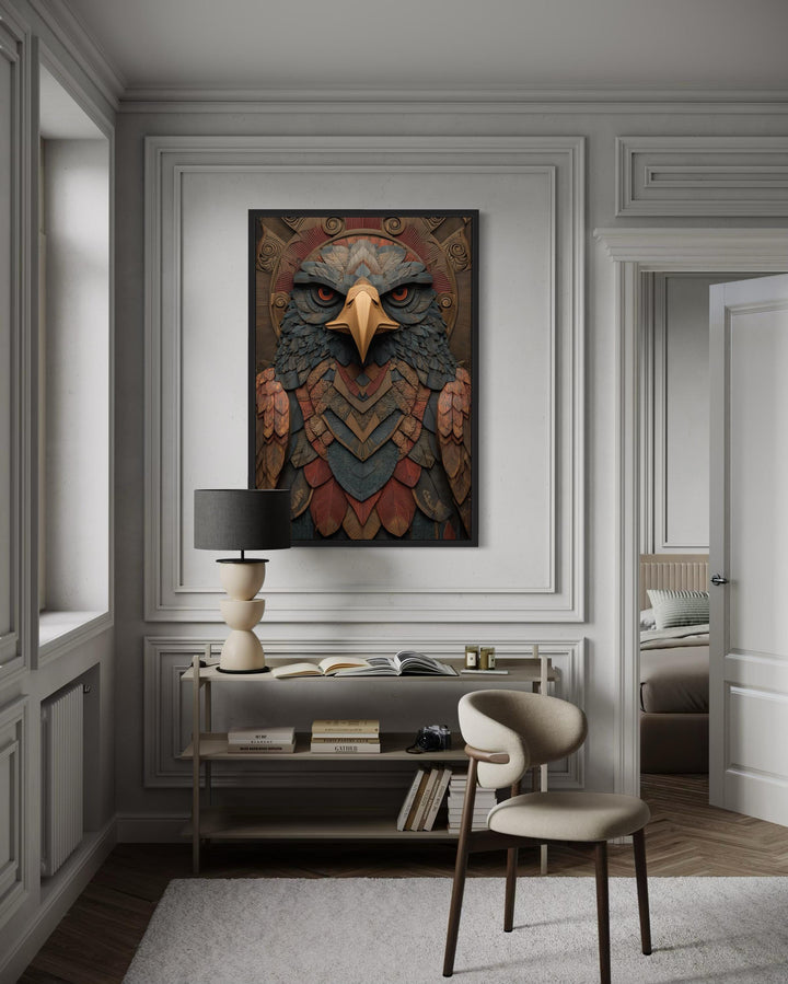 Tribal Eagle wall art with geometric patterns and earthy tones.