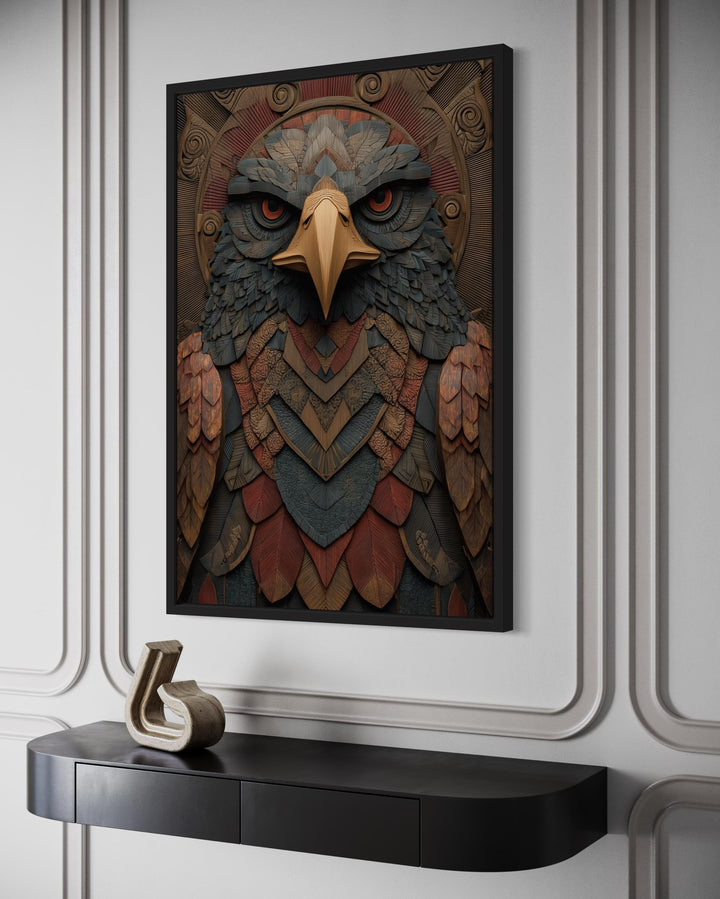 Framed tribal eagle wall art with geometric patterns.