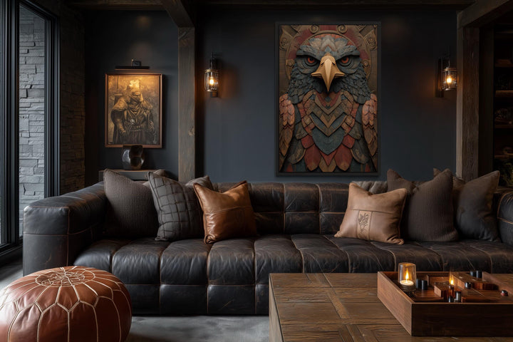 Tribal Eagle wall art with geometric patterns and earthy tones.