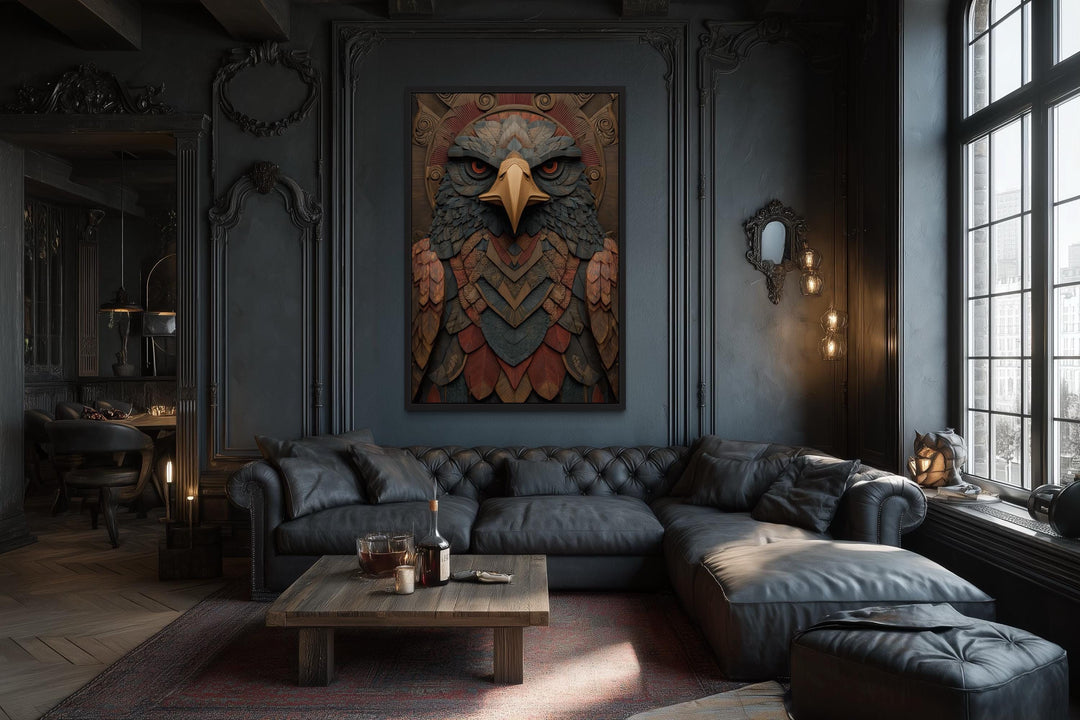 Tribal Eagle wall art with geometric patterns and earthy tones.