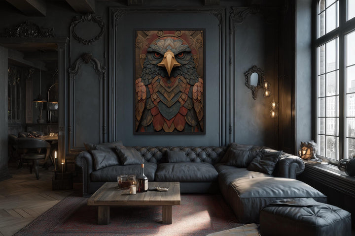 Tribal Eagle wall art with geometric patterns and earthy tones.