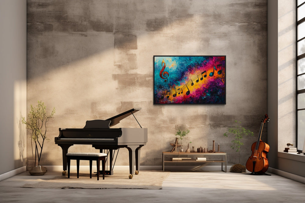 Trippy Colorful Music Notes Abstract Paining Framed Canvas Wall Art in a living room with a piano