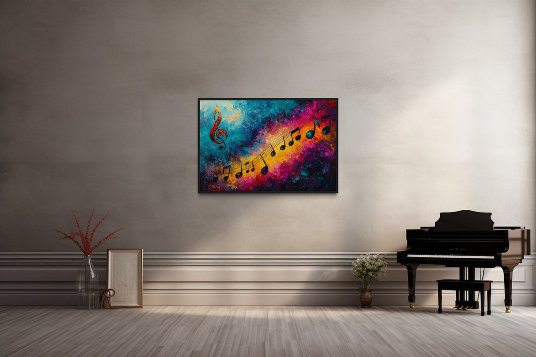 Trippy Colorful Music Notes Abstract Paining Framed Canvas Wall Art