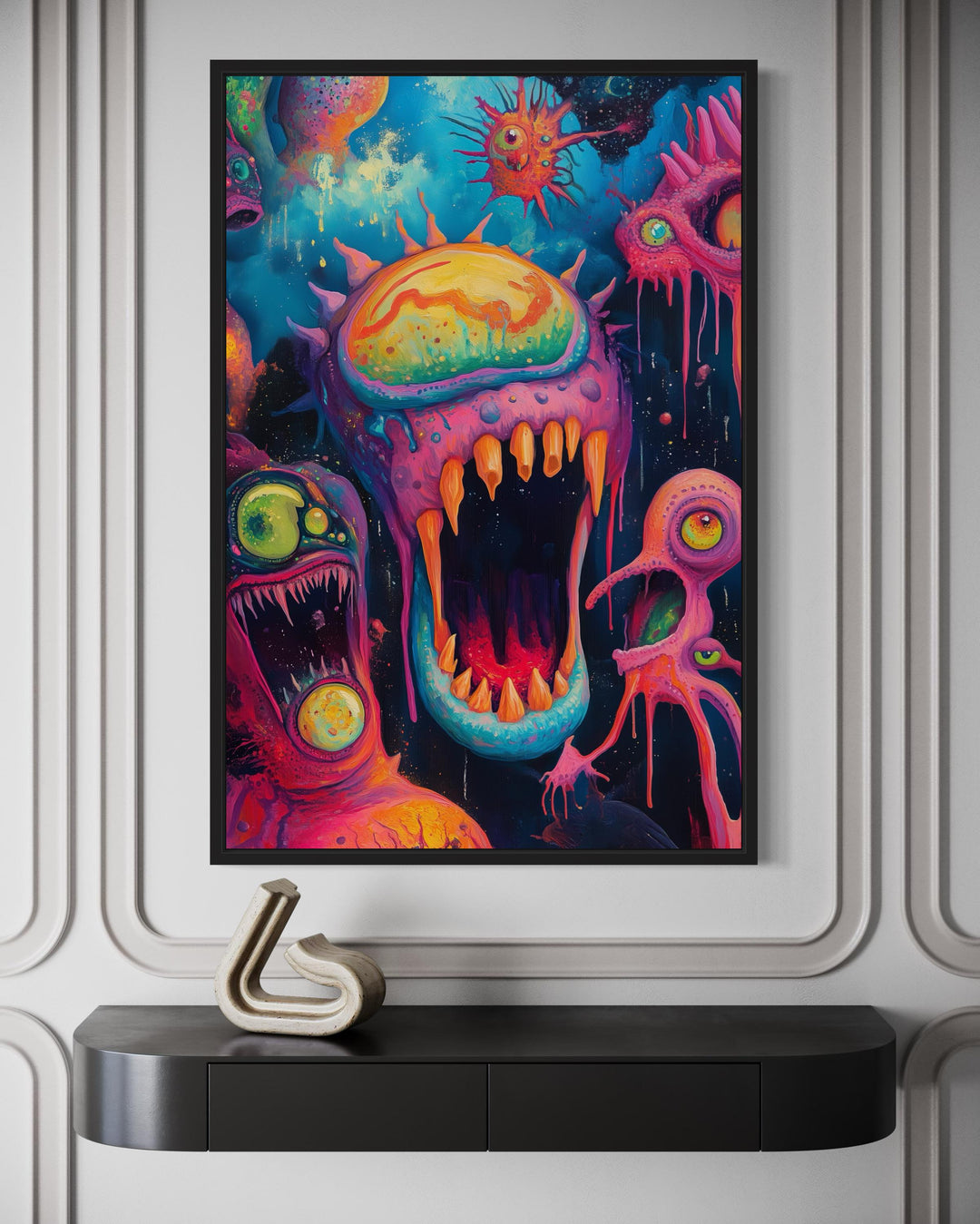 Trippy Cosmic Space Monster Framed Canvas Wall Art