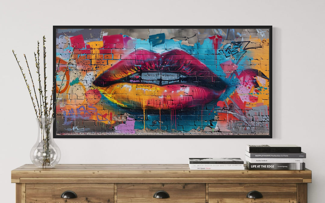 Trippy Lips Graffiti Painting Framed Large Canvas Wall Decor