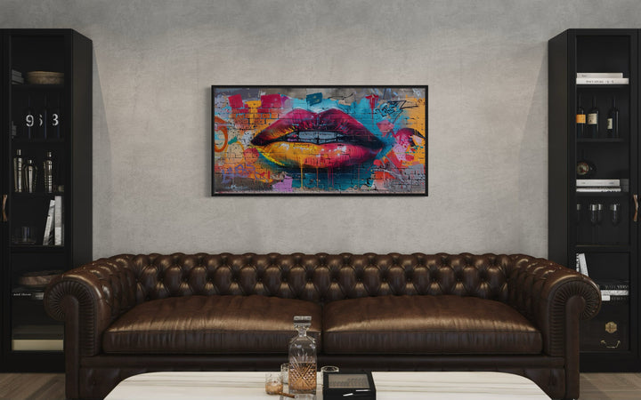 Trippy Lips Graffiti Painting Framed Large Canvas Wall Decor