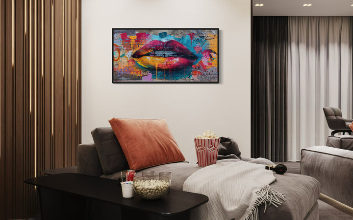 Trippy Lips Graffiti Painting Framed Large Canvas Wall Decor